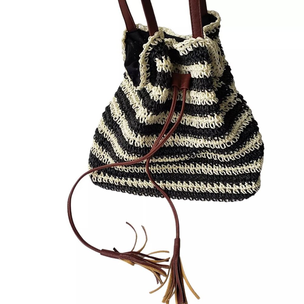 Nora Everyday Striped Drawstring 100% Paper Shoulder Bag Boho Beachy Summer - Picture 13 of 13